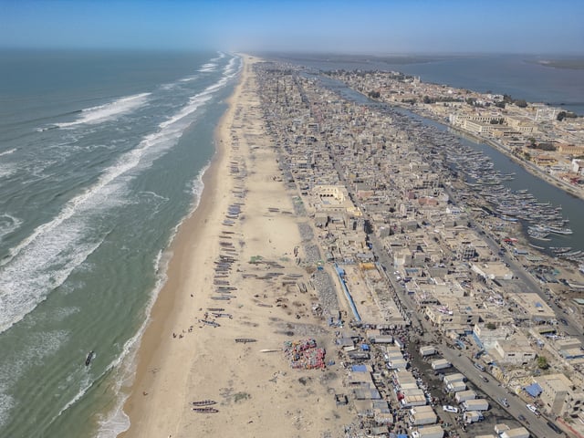 Aerial view of the fishing town of St Louis, Senegal, Thursday, March 13, 2025. (AP Photo/Sylvain Cherkaoui)