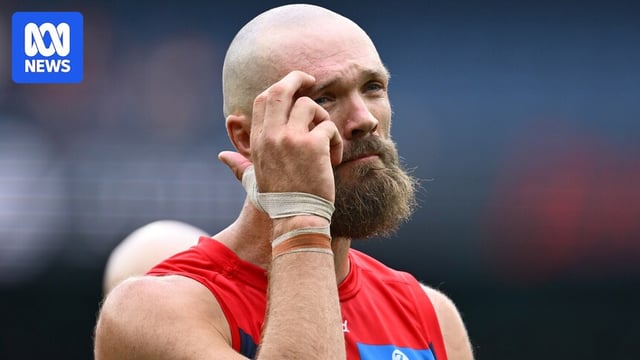 Max Gawn touches his head after an AFL match in 2025.