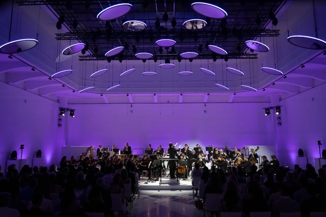 Members of the Vienna Symphony Orchestra perform "The Blue Danube" waltz as it is transmitted into deep space towards Voyager 1. in Vienna, Austria, on Saturday, May 31, 2025. (AP Photo/Denes Erdos)
