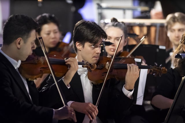 Members of the Vienna Symphony Orchestra perform "The Blue Danube" waltz as it is transmitted into deep space towards Voyager 1. in Vienna, Austria, on Saturday, May 31, 2025. (AP Photo/Denes Erdos)