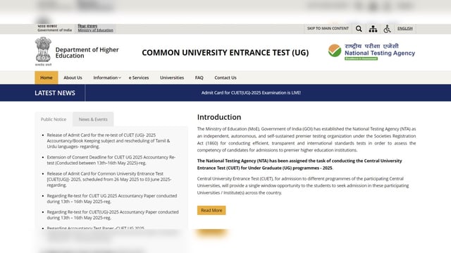 CUET UG 2025 Re-Test Admit Card Released for Accountancy, Tamil, and Urdu Exams