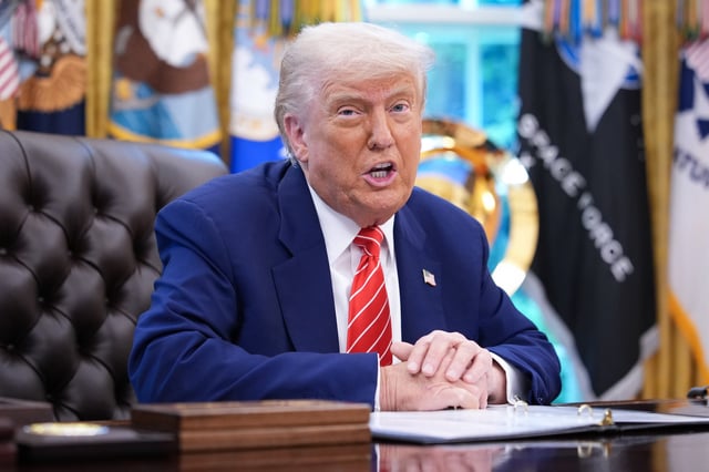 U.S. President Donald Trump, joined by Tesla CEO Elon Musk, speaks to reporters in the Oval Office of the White House on May 30, 2025 in Washington, DC.