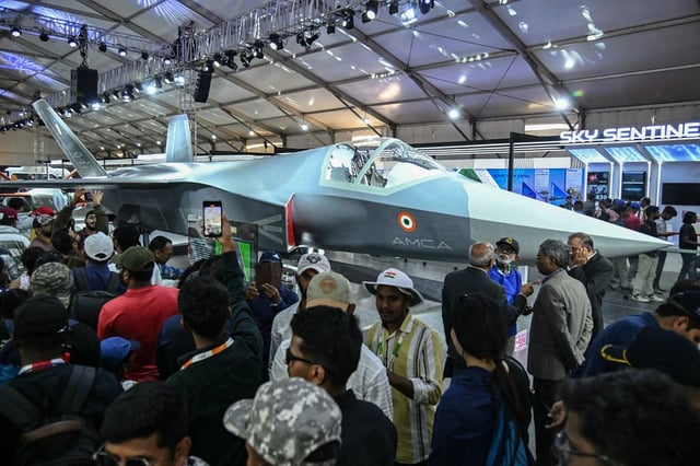 A full-scale model of the AMCA aircraft is displayed at the Aero India 2025 air show at Yelahanka Air Force Station in Bengaluru on February 14. Photo: AFP