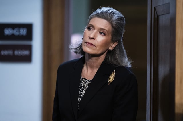 Senator Joni Ernst, R-Iowa, arrives for a Senate Armed Services Committee confirmation hearing in Dirksen building on Tuesday, May 13, 2025.