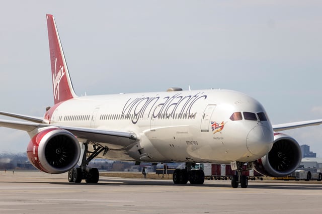 A view shows a Virgin Atlantic aircraft carrying billionaire entrepreneur Richard Branson, as the airline marks it's return after a decade to Toronto Pearson Airport in Mississauga, Ontario, Canada April 3, 2025. REUTERS/Carlos Osorio/File Photo