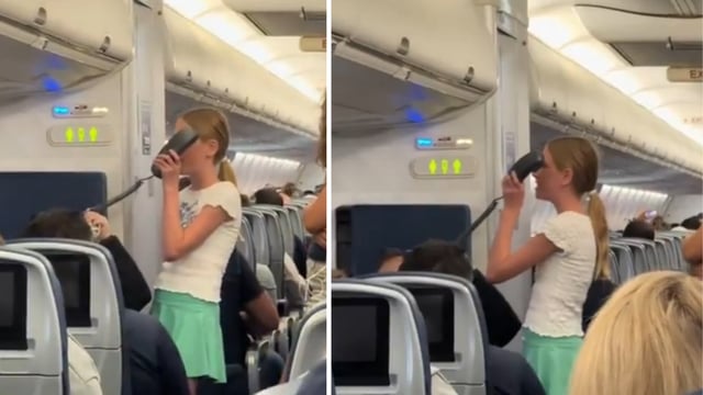 The young girl took over the flight intercom to sing the song as passengers waited for the flight to take off after hours of delay.