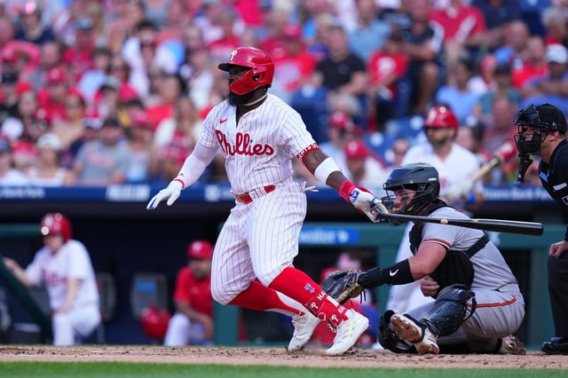 PHILADELPHIA, PENNSYLVANIA - JULY 24: Josh Harrison #2 of the Philadelphia Phillies bats against the Baltimore Orioles at Citizens Bank Park on July 24, 2023 in Philadelphia, Pennsylvania.