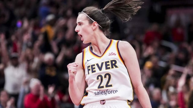 May 24, 2025; Indianapolis, Indiana, USA; Indiana Fever guard Caitlin Clark (22) celebrates during a game between the Indiana Fever and the New York Liberty at Gainbridge Fieldhouse. Mandatory Credit: Grace Smith/USA Today Network via Imagn Images
