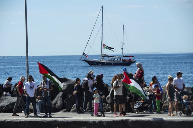 The Freedom Flotilla human rights organization Madleen boat is docked near Catania's harbor, Italy, Sunday, June 1, 2025, ahead of its departure for the Mideast. (AP Photo/Salvatore Cavalli)
