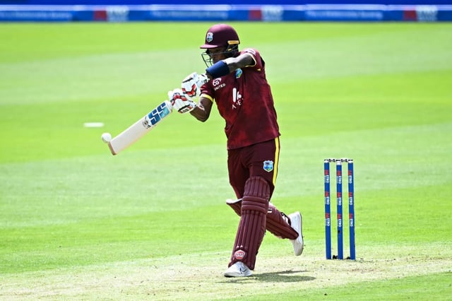 West Indies' Keacy Carty hits a four during his  hundred in the second one-day international against England at Sophia Gardens, Cardiff