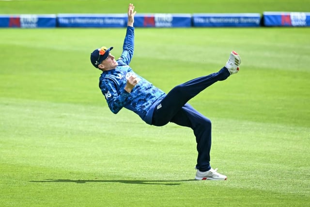 England captain Harry Brook holds a catch to dismiss the West Indies' Matthew Forde in Cardiff