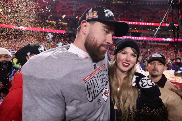 Taylor Swift celebrates with Travis Kelce #87 of the Kansas City Chiefs after defeating the Buffalo Bills 32-29 in the AFC Championship Game at GEHA Field at Arrowhead Stadium on January 26, 2025 in Kansas City, Missouri.