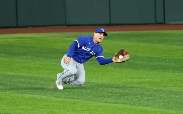 May 27, 2025; Arlington, Texas, USA; Toronto Blue Jays center fielder Daulton Varsho (5) makes a diving catch during the third inning against the Texas Rangers at Globe Life Field. Mandatory Credit: Kevin Jairaj-Imagn Images/File Photo