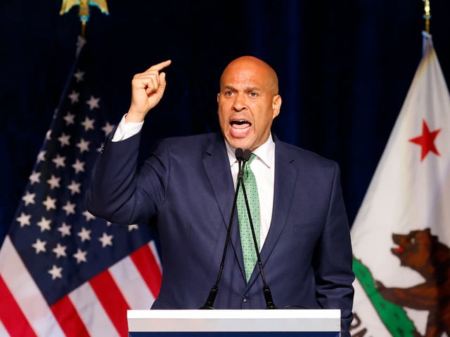 Los Angeles, CA - May 31: Democratic Sen. Cory Booker speaks at the Calif. Democratic convention at the Anaheim Convention Center on Saturday, May 31, 2025 in Los Angeles, CA. (Carlin Stiehl / Los Angeles Times via Getty Images)