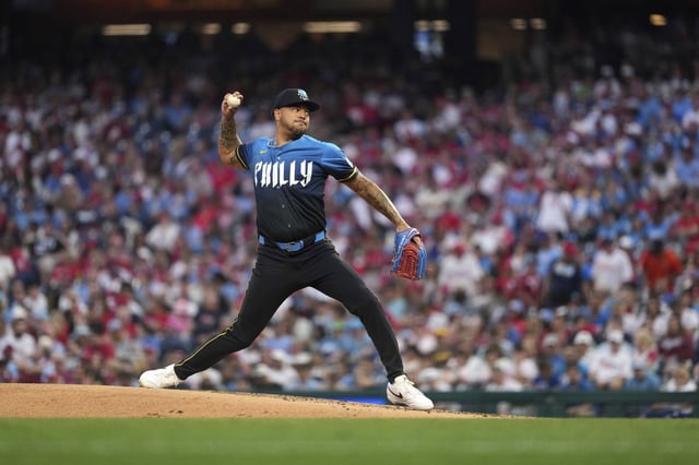 Philadelphia Phillies' Taijuan Walker pitches during the second inning of a baseball game against the Milwaukee Brewers Friday, May 30, 2025, in Philadelphia. (AP Photo/Matt Slocum)