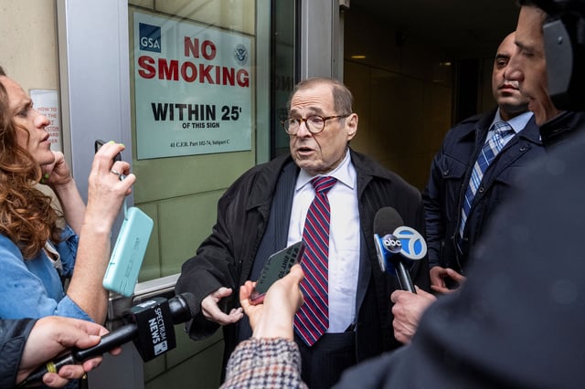 U.S. Congressman Jerry Nadler speaks to members of the media at US Immigration Court in New York City, U.S., May 28, 2025.
