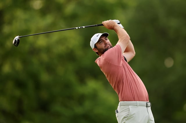 DUBLIN, OHIO - MAY 31: Scottie Scheffler of the United States plays a shot from the 18th tee during the third round of the Memorial Tournament presented by Workday 2025 at Muirfield Village Golf Club on May 31, 2025 in Dublin, Ohio.