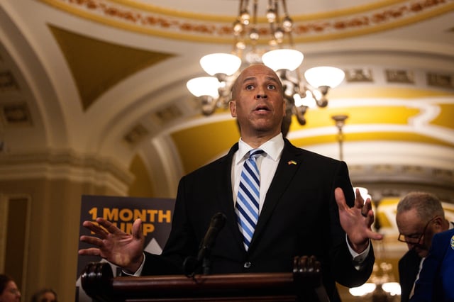Sen. Cory Booker (D-NJ) speaks during a news conference following the weekly Senate Democrats policy luncheon at the U.S. Capitol on March 4, 2025 in Washington, DC.