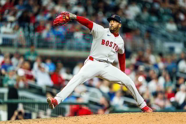 ATLANTA, GA - MAY 30: Aroldis Chapman #45 of the Boston Red Sox pitches during the ninth inning against the Atlanta Braves Sox at Truist Park on May 30, 2025 in Atlanta, Georgia.