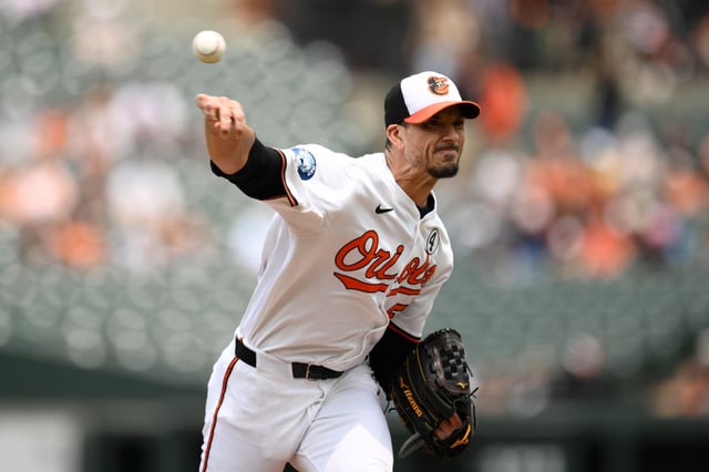 Baltimore Orioles starting pitcher Charlie Morton throws during the first inning of a baseball game against the Chicago White Sox, Sunday, June 1, 2025, in Baltimore. (AP Photo/Nick Wass)