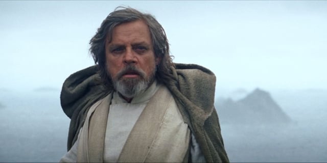 Luke Skywalker, played by Mark Hamill, looks straight ahead in Star Wars: Episode VII – The Force Awakens.