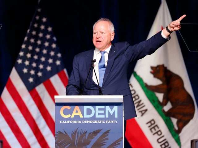 Los Angeles, CA - May 31: Minnesota Governor Tim Walz speaks at the Calif. Democratic convention at the Anaheim Convention Center on Saturday, May 31, 2025 in Los Angeles, CA. (Carlin Stiehl / Los Angeles Times via Getty Images)