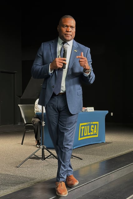Tulsa Mayor Monroe Nichols speaks to residents of the city's north side on Thursday, May 22, 2025, as part of a series of "community conversations" the first-term mayor had across the city. (AP Photo/Sean Murphy