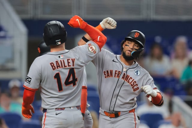 MIAMI, FLORIDA – JUNE 01: Luis Matos #29 of the San Francisco Giants celebrates with Patrick Bailey #14 after hitting a three-run home run against the Miami Marlins during the fourth inning at loanDepot park on June 01, 2025 in Miami, Florida. (Photo by Sam Navarro/Getty Images)