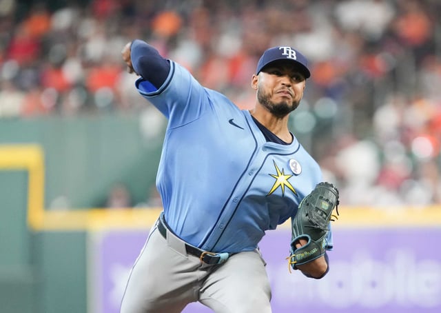 Tampa Bay Rays pitcher Taj Bradley (45) pitches in the first inning against the Houston Astros at Daikin Park in Houston on Sunday, June 1, 2025.