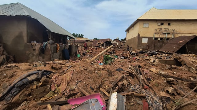 A general view of damaged buildings in Mokwa on June 1, 2025, after the town was hit by torrential rains overnight Wednesday into Thursday, with the flooding displacing more than 3,000 people. 