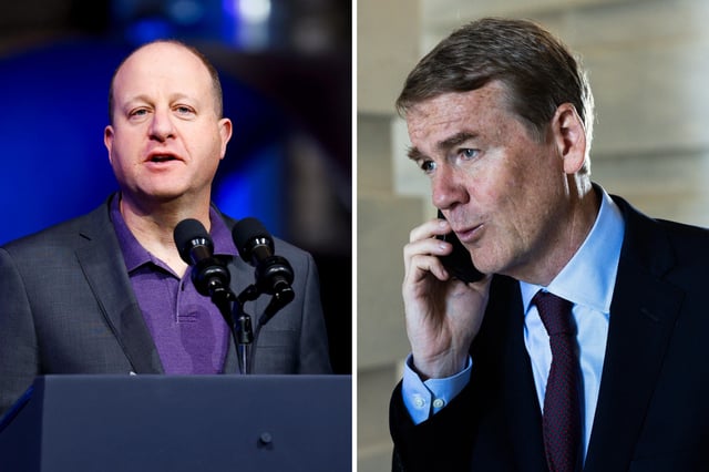 To the left, Colorado Governor Jared Polis addresses a crowd at CS Wind on November 29, 2023 in Pueblo, Colorado. To the right, Senator Michael Bennet (D-Colorado) leaves the U.S. Capitol on July 11, 2024 in Washington, D.C.