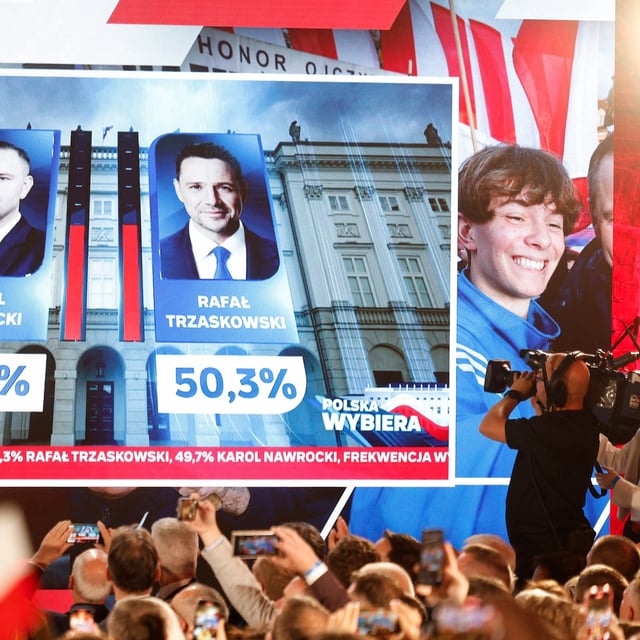 Preliminary results are displayed during the election night event showing the percentage of votes for presidential candidates, Karol Nawrocki (L) supported by Poland's right-wing Law and Justice (PiS) party, and Rafal Trzaskowski, Warsaw's Mayor and member of ruling centrist Civic Coalition party, at the Mala Warszawa Theatre in Warsaw, Poland, during the second round of the presidential elections on June 1, 2025. The centrist and nationalist candidates in Poland's presidential election on June 1 both claimed victory after an exit poll indicated they were neck and neck. (Photo by Wojtek RADWANSKI / AFP) (Photo by WOJTEK RADWANSKI/AFP via Getty Images)
