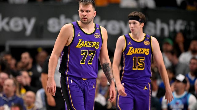 Los Angeles Lakers guards Luka Doncic and Austin Reaves during a game against the Dallas Mavericks at American Airlines Center.