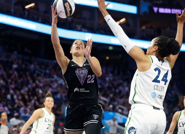Golden State Valkyries’ Veronica Burton (22) takes a shot against Minnesota Lynx’s Napheesa Collier (24) in the first quarter at the Chase Center in San Francisco, Calif., on Sunday, June 1, 2025. (Nhat V. Meyer/Bay Area News Group)