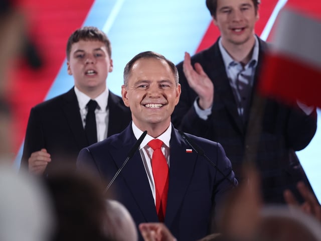 WARSAW, POLAND - JUNE 1: Supported by Law and Justice party candidate for the President of Poland Karol Nawrocki during the election evening of the second round of the Presidential election in Warsaw, Poland on June 1, 2025. (Photo by Jakub Porzycki/Anadolu via Getty Images)
