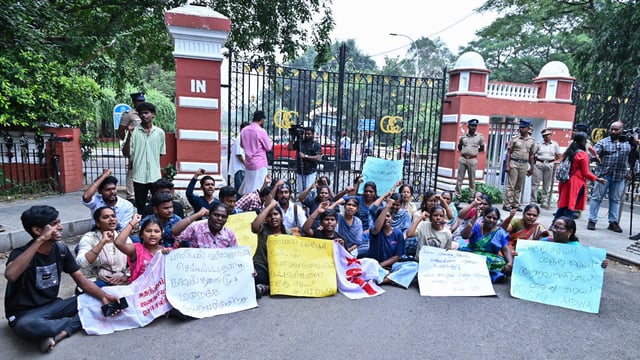 SFI and AIDWA members protest outside Anna University over a student’s alleged assault in Chennai.