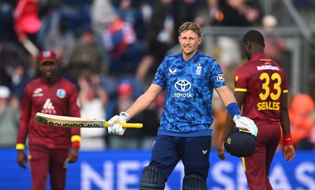Joe Root celebrates after scoring the winning runs against the West Indies in Cardiff (Photo: Getty)