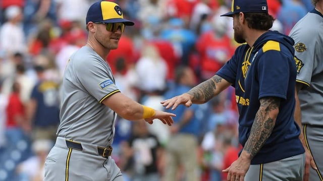 Jun 1, 2025; Philadelphia, Pennsylvania, USA; Milwaukee Brewers first base Jake Bauers (9) celebrates win against the Philadelphia Phillies at Citizens Bank Park. Mandatory Credit: Eric Hartline-Imagn Images