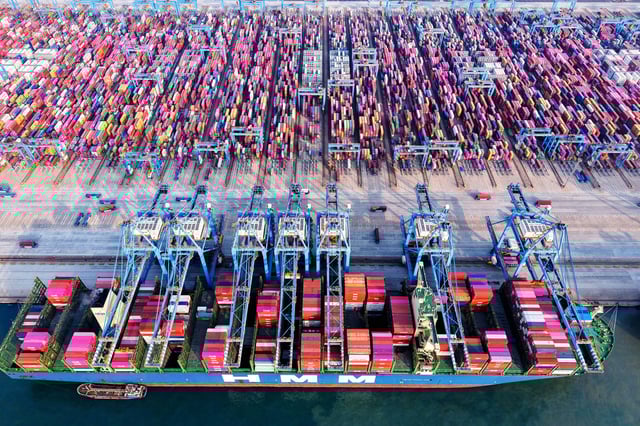 Aerial view of the bustling container terminal in Qingdao in east China's Shandong province Thursday, May 29, 2025.