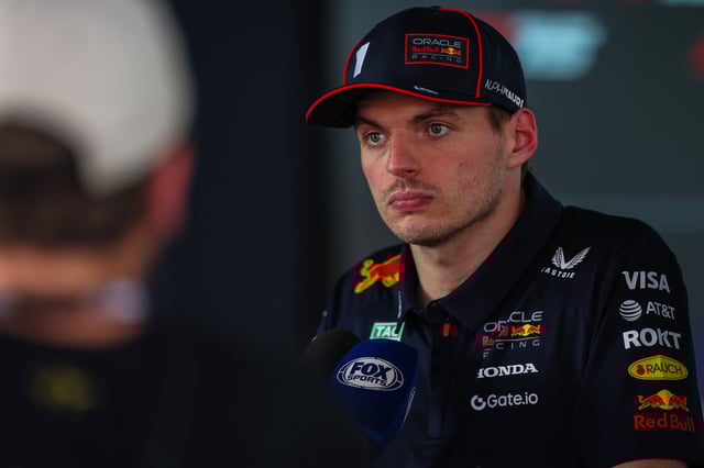 Max Verstappen of Netherlands and Oracle Red Bull Racing answers questions in the media pen during the F1 Grand Prix of Spain at Circuit de Barcelona-Catalunya on June 1, 2025 in Barcelona, Spain