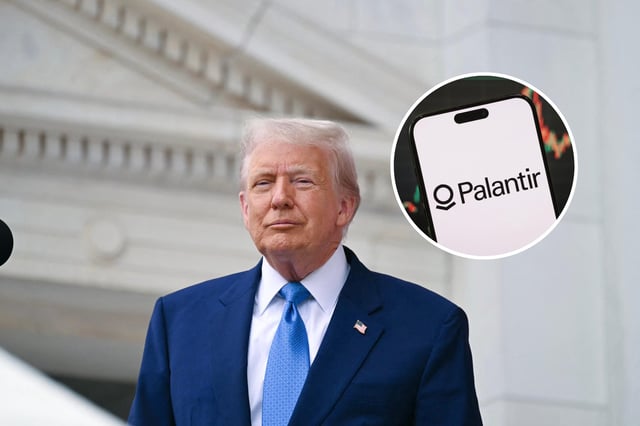US President Donald Trump arrives to deliver remarks at the National Memorial Day Observance at the Memorial Amphitheatre in Arlington National Cemetery in Arlington, Virginia, on May 26, 2025. The logo of Palantir Technologies Inc. is displayed on a smartphone screen on May 4, 2025, in Chongqing, China.