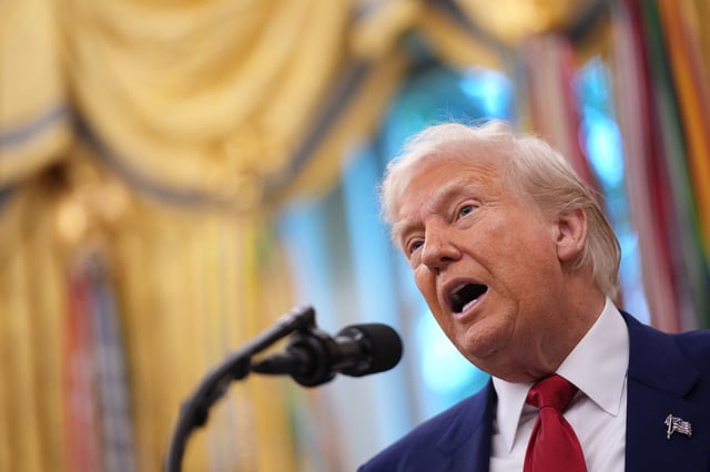 President Donald Trump speaks during a swearing in ceremony for interim U.S. Attorney for Washington, D.C. Jeanine Pirro in the Oval Office of the White House on May 28, 2025 in Washington, DC.