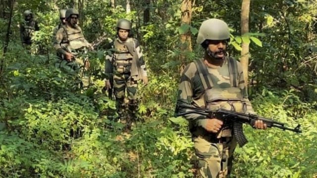 Security personnel after an operation against Maoists on March 20 in Chhattisgarh's Kanker (PTI/@BSFChhattisgarh via X)
