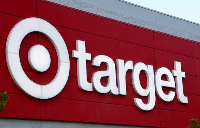 A Target corporate logo hangs on the front of their store on May 17, 2025, in Jersey City, New Jersey.