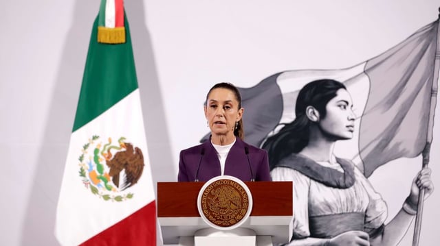 Mexican President Claudia Sheinbaum announcing Mexico’s response to tariffs imposed by U.S. President Donald Trump during a press conference at the National Palace in Mexico City, March 4, 2025 (Sipa photo by Luis Barron via AP Images).