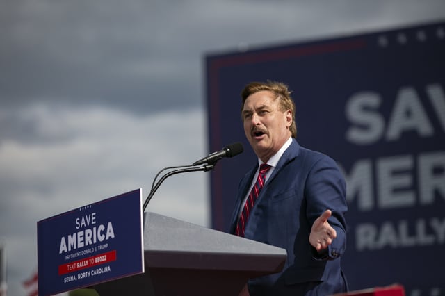 MyPillow CEO Mike Lindell pictured speaking at a rally for U.S. President Donald Trump on April 9, 2022, in Selma, North Carolina.