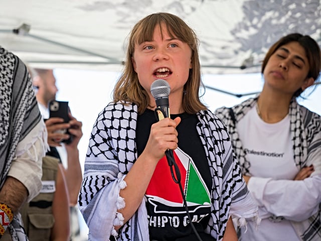 CATANIA, ITALY - JUNE 01: Greta Thunberg speaking at the press conference. Greta is part of the crew of the ship Madleen, headed to Gaza to deliver humanitarian aid on June 01, 2025 in Catania, Italy. Swedish activist Greta Thunberg is among those who will attempt to sail to Gaza on a boat organized by the Freedom Flotilla Coalition (FFC), in a bid to break Israel's blockade of the Palestinian territory. Freedom Flotilla had to abort a previous journey in early May after it said its boat came under attack by drones in international waters near Malta. (Photo by Fabrizio Villa/Getty Images)