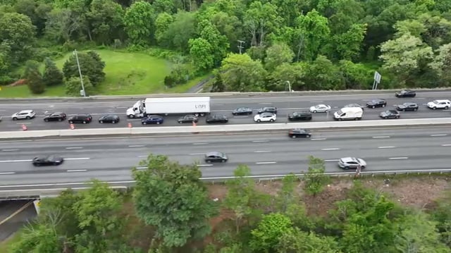 Footage shows the traffic on the Mass Pike near the I-95 interchange during bridge replacement work on June 1, 2025.