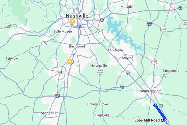 Officials in Middle Tennessee are searching for pet zebra that escaped in Murfreesboro, Tennessee on May 30. The animal was last spotted between the blue lines spanning Interstate 24 in this photo.