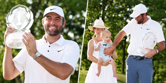 Scottie Scheffler celebrates with wife Meredith and son Bennett on June 01, 2025 in Dublin, OH.
